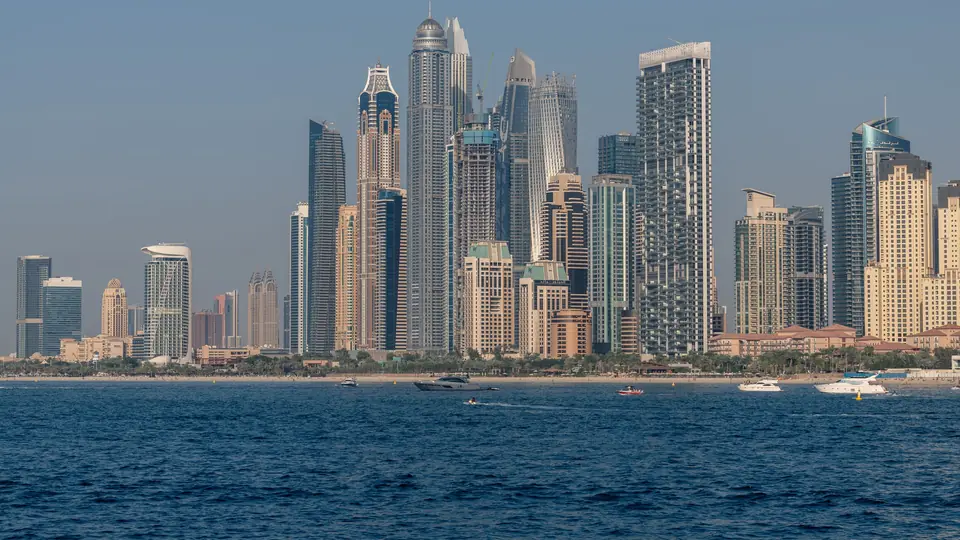 The towers of Dubai Marina seen from the sea on a clear day