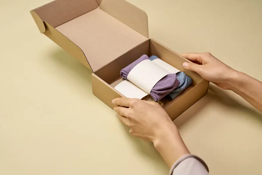 Hands packing folded clothes into a kraft cardboard box