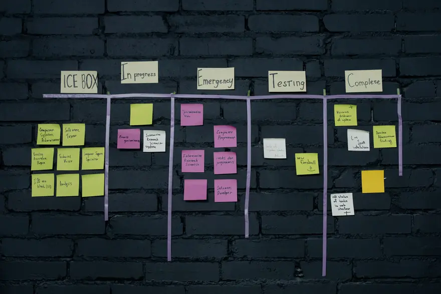 A planning board on a brick wall with sticky notes in columns from backlog to complete
