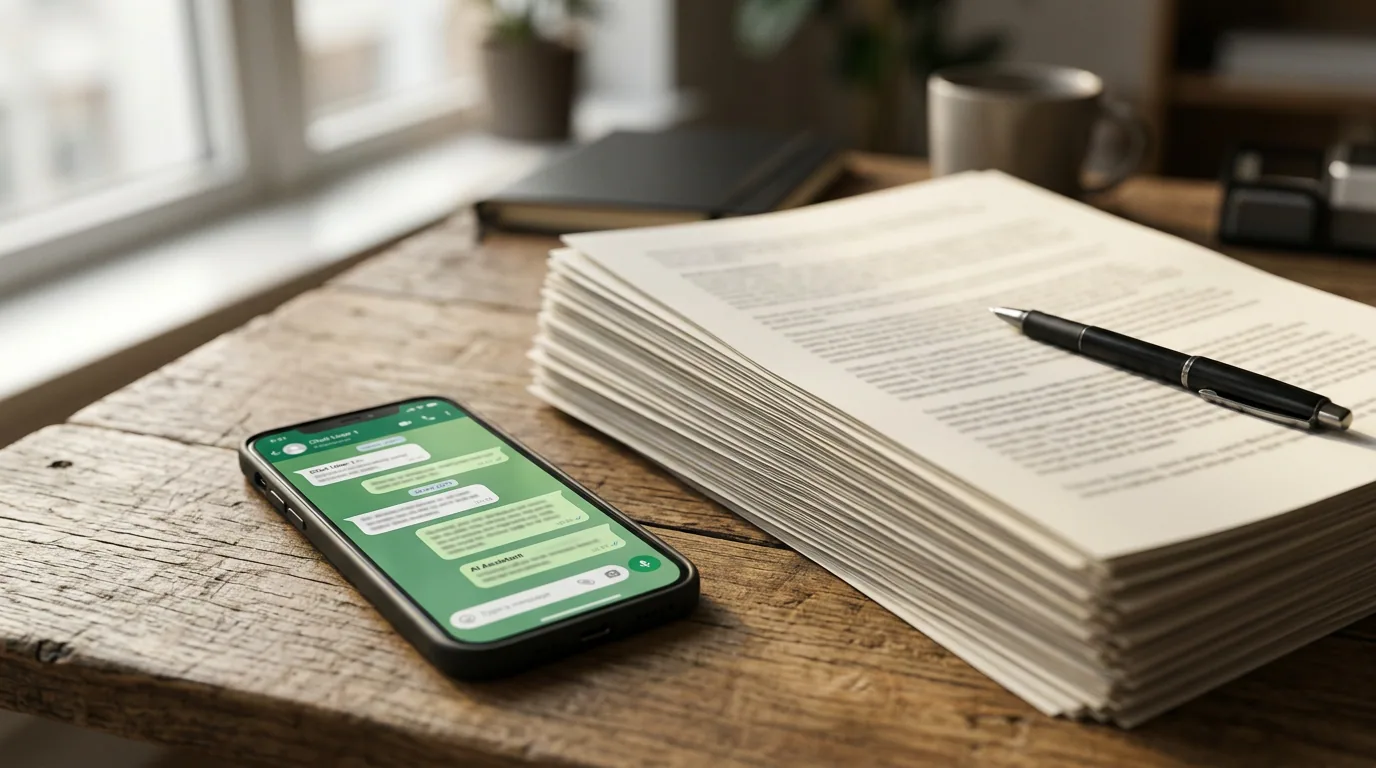 Smartphone showing a WhatsApp chat beside a stack of printed policy documents on a desk