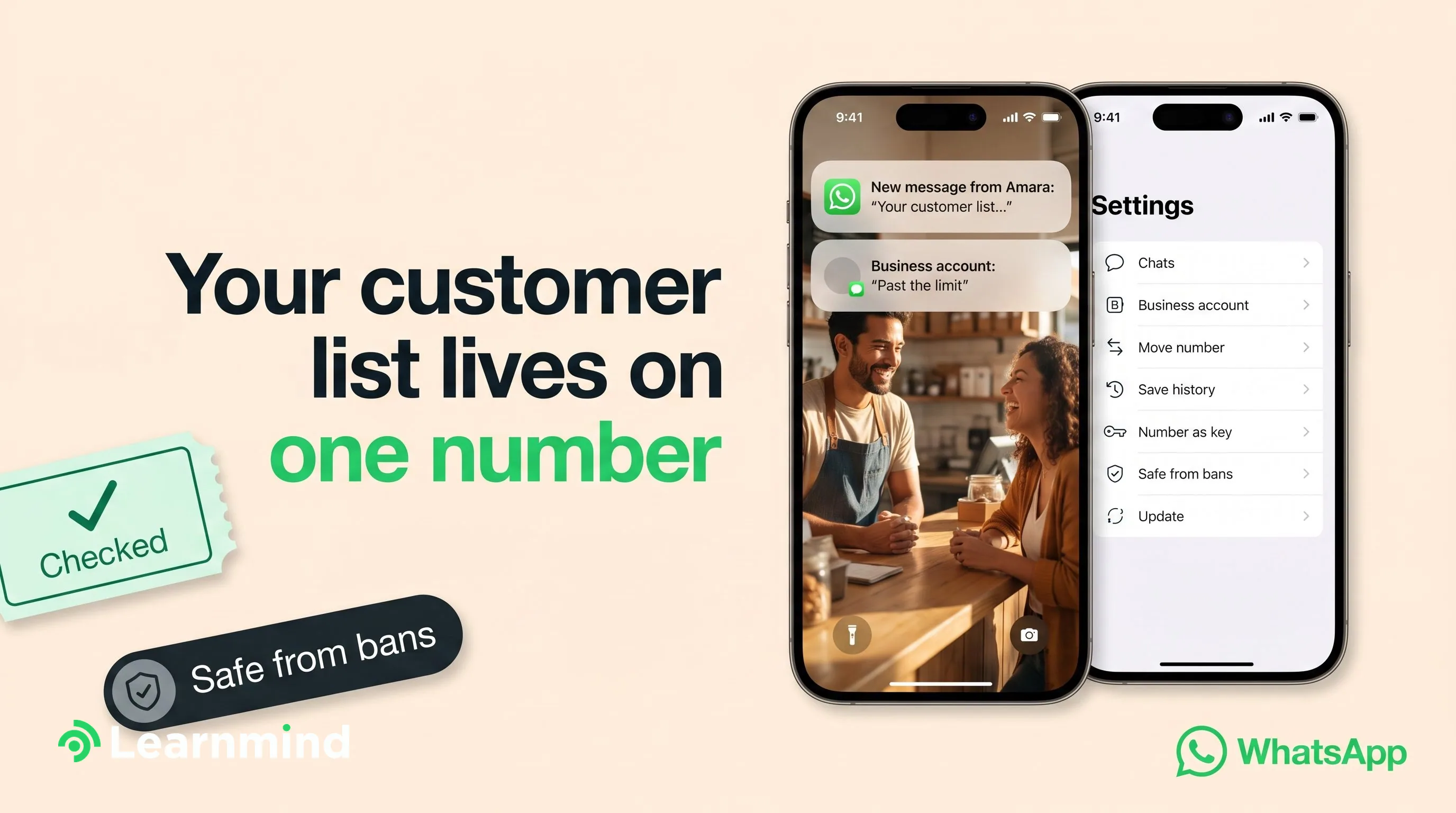 Two iPhones and bold headline flank ticket stamp on cream ground