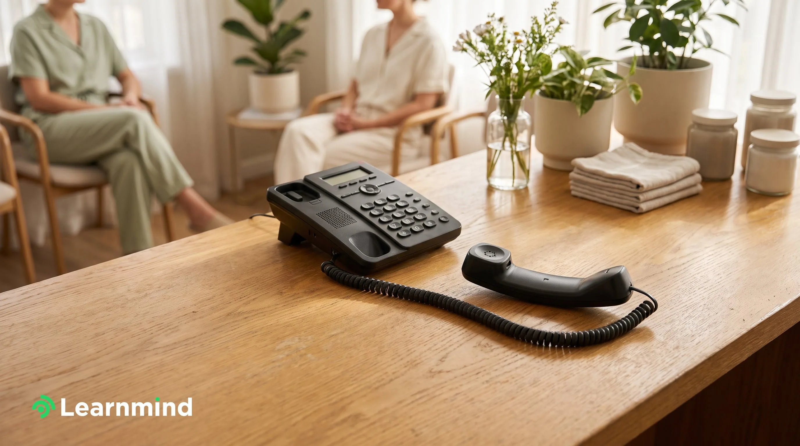 Desk telephone with its handset off the cradle on a clinic reception counter, clients waiting behind