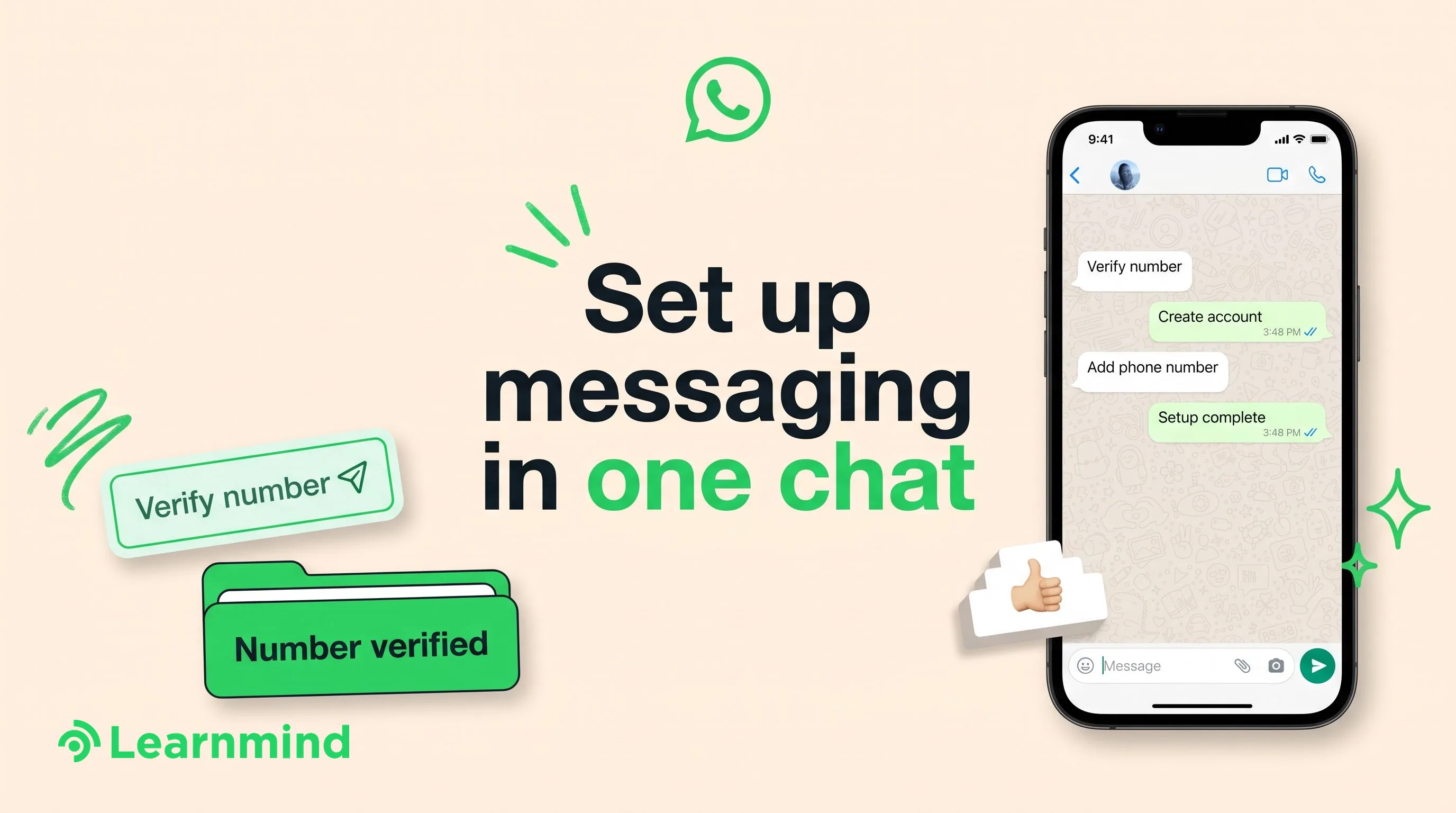 iPhone WhatsApp setup chat beside bold headline, chips, green folder, cream ground