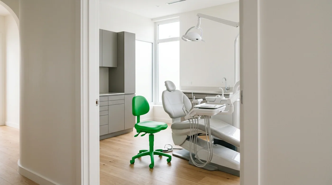 Bright clinical treatment room with a green stool, patient chair and modern medical equipment.