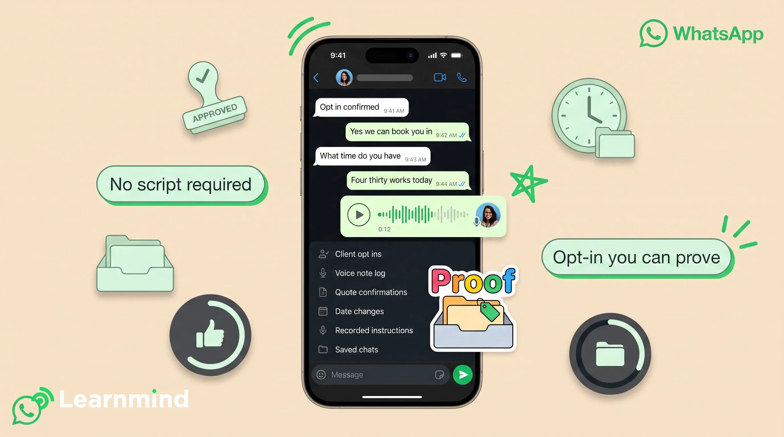 Central phone chat with voice note, flanked by approved stamp, proof sticker, chips, cream background