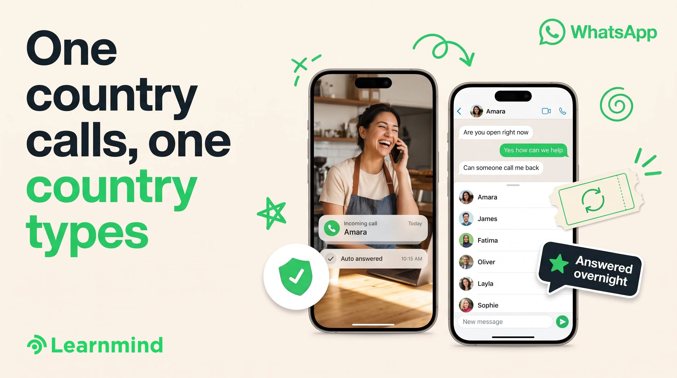 Bold left headline beside two iPhones showing call screen and chat list, cream ground