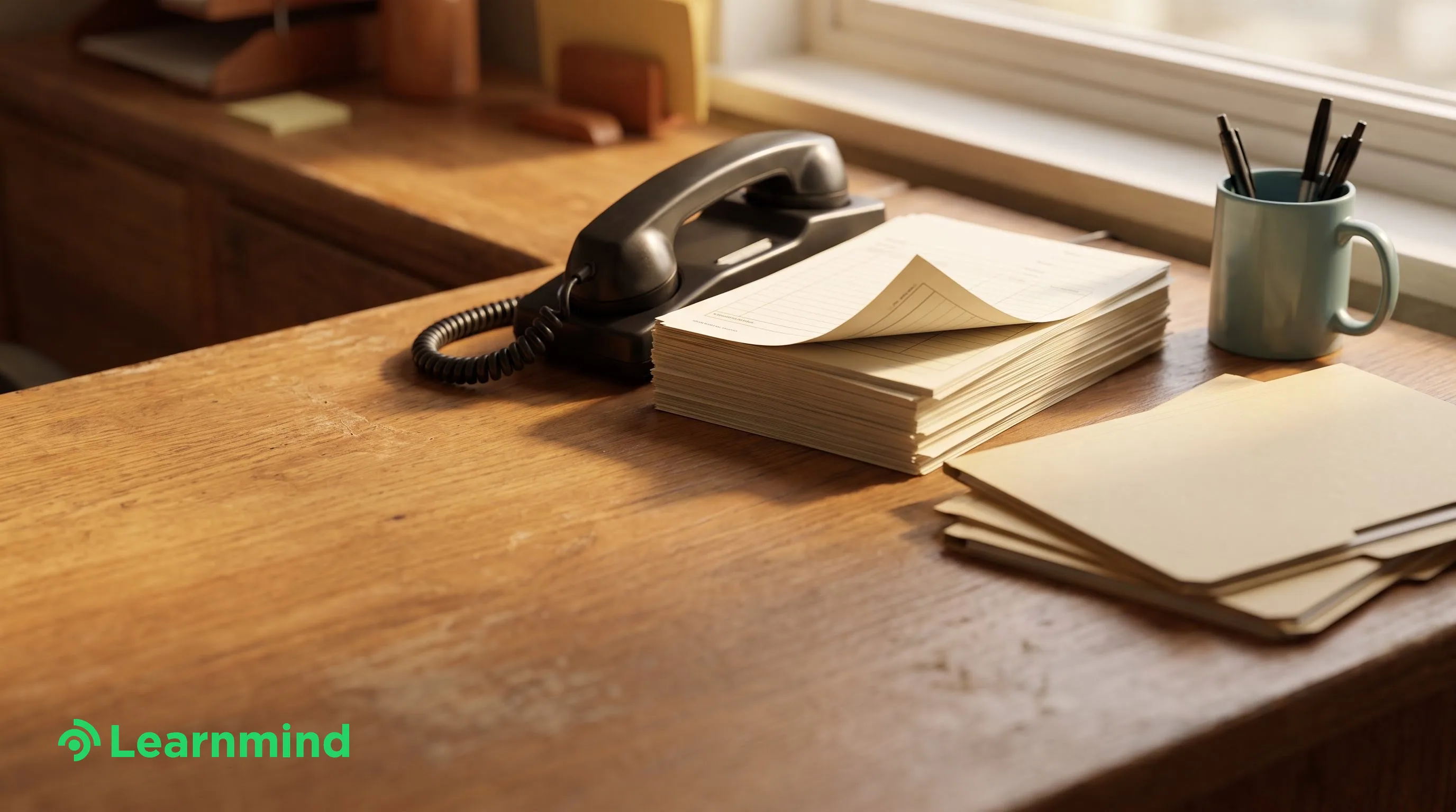 Black corded phone handset, blank notepad stack, wooden desk, sunlight