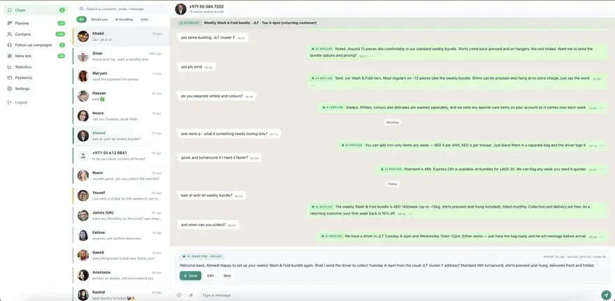 The client dashboard inbox: customer chats listed on the left, an AI-handled conversation and a drafted reply awaiting approval on the right